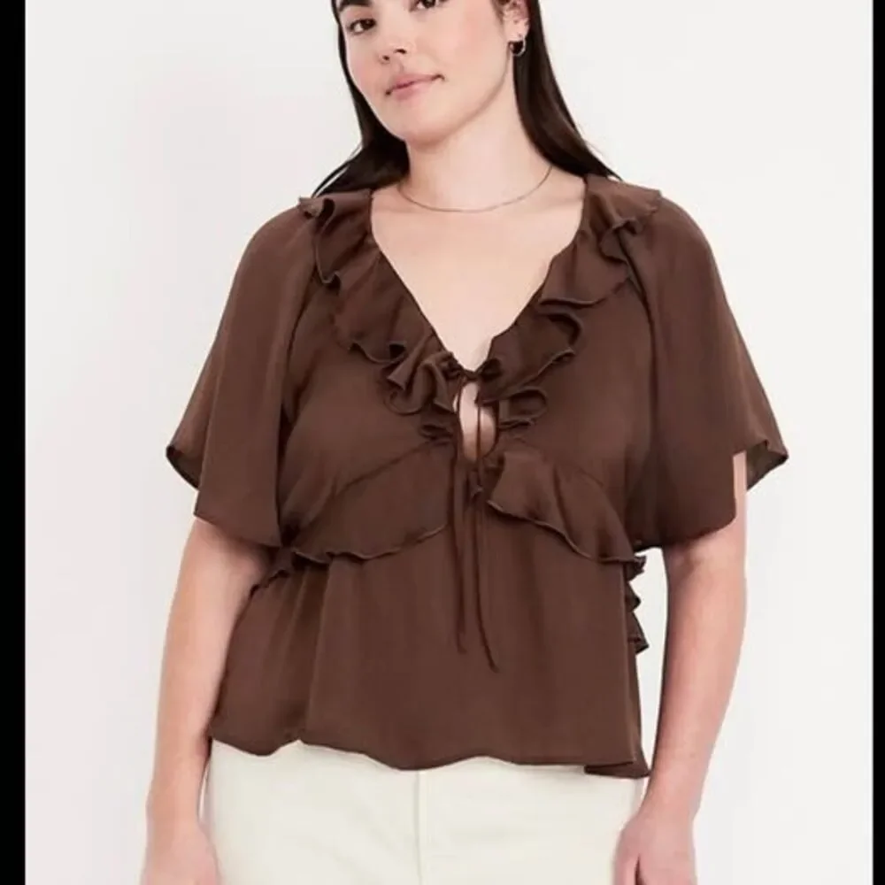 Old Navy Brown Ruffle satin V-Neck Blouse Size M